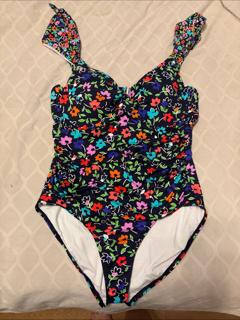 Anne Cole Navy One-Piece Swimsuit with Floral Print and Flutter Sleeves, 12